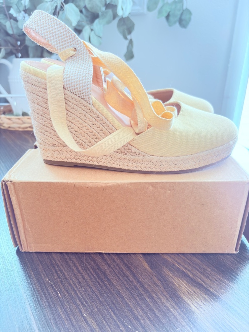 Amazon Yellow Canvas Espadrille Wedge Sandals with Ankle Ties